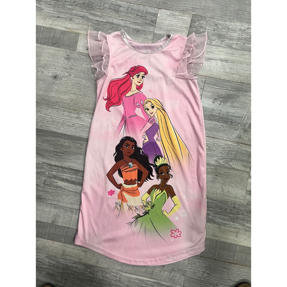 Disney Princess Nightgown Girls 8 Pink Ariel Rapunzel Moana Tiana Sleep Dress